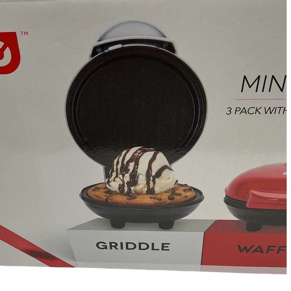 Dash Mini Makers 3 Pack Gift Set Waffle Maker Griddle‎ Grill Red White Aqua NEW